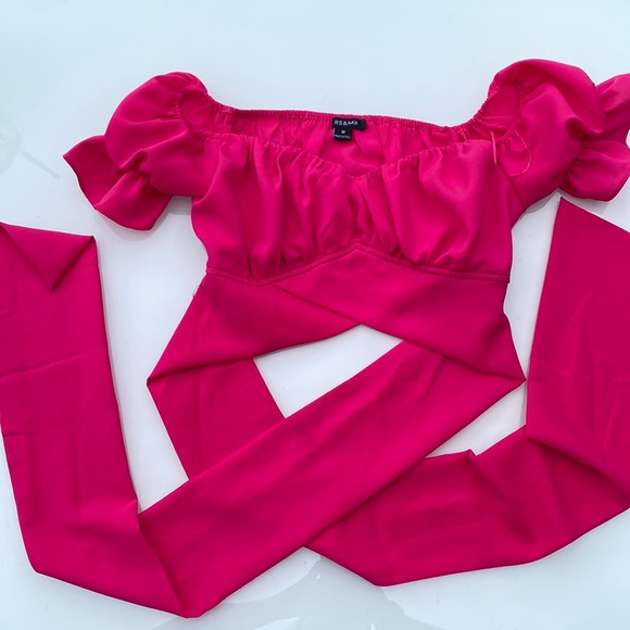 Pink Ruffled tie up Crop Top - Picture 1 of 3